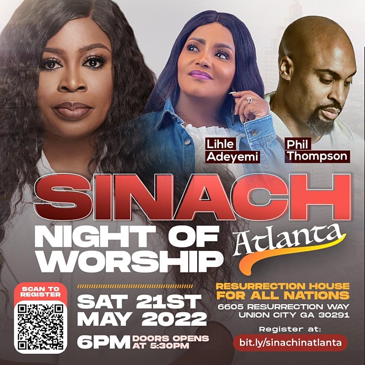 Flyer for SINACH LIVE in Atlanta featuring Phil Thompson and Lihle Adeyemi